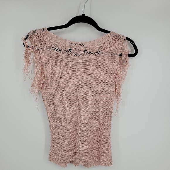 The Limited Womens Vtg y2k Hand Knit Beaded Fringe Crochet V Neck Pink Top SzS🖤 - Picture 8 of 15